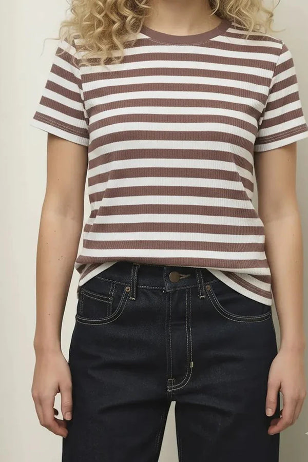 Women Suede Pink Striped T-shirt