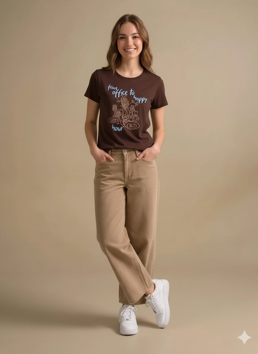 Women Coffee Printed Round Neck T-Shirt