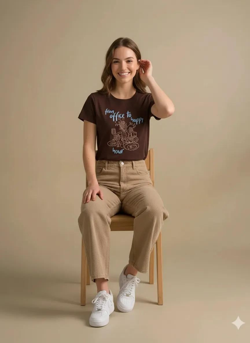 Women Coffee Printed Round Neck T-Shirt