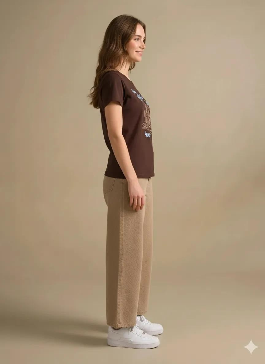 Women Coffee Printed Round Neck T-Shirt