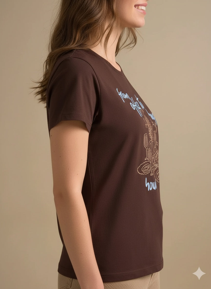 Women Coffee Printed Round Neck T-Shirt