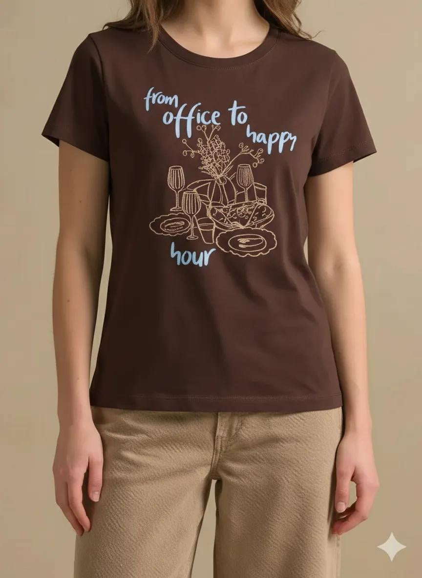 Women Coffee Printed Round Neck T-Shirt