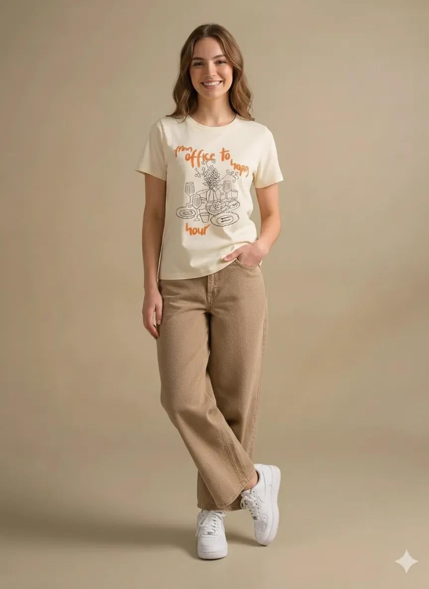 Women Off White Printed Round Neck T-Shirt