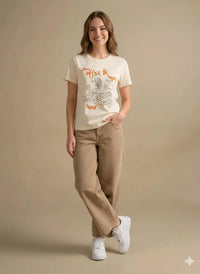 Women Off White Printed Round Neck T-Shirt