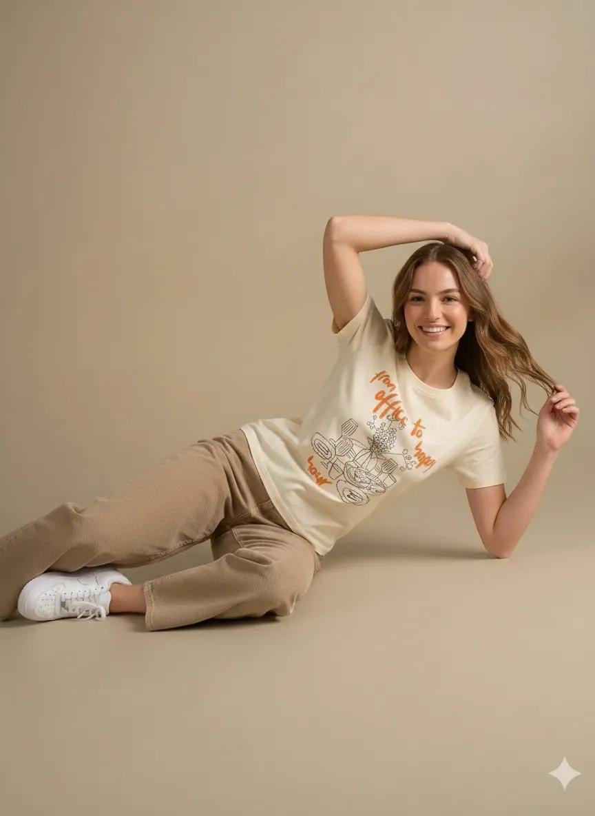 Women Off White Printed Round Neck T-Shirt
