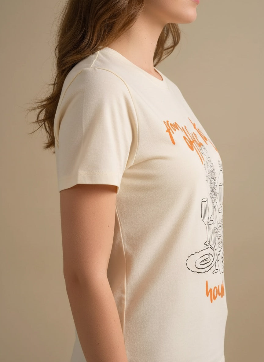 Women Off White Printed Round Neck T-Shirt