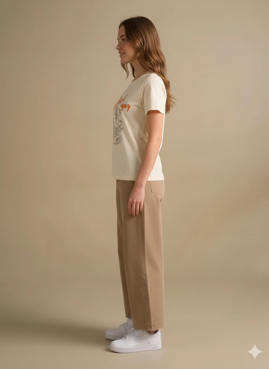 Women Off White Printed Round Neck T-Shirt