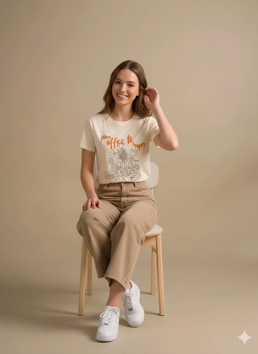 Women Off White Printed Round Neck T-Shirt