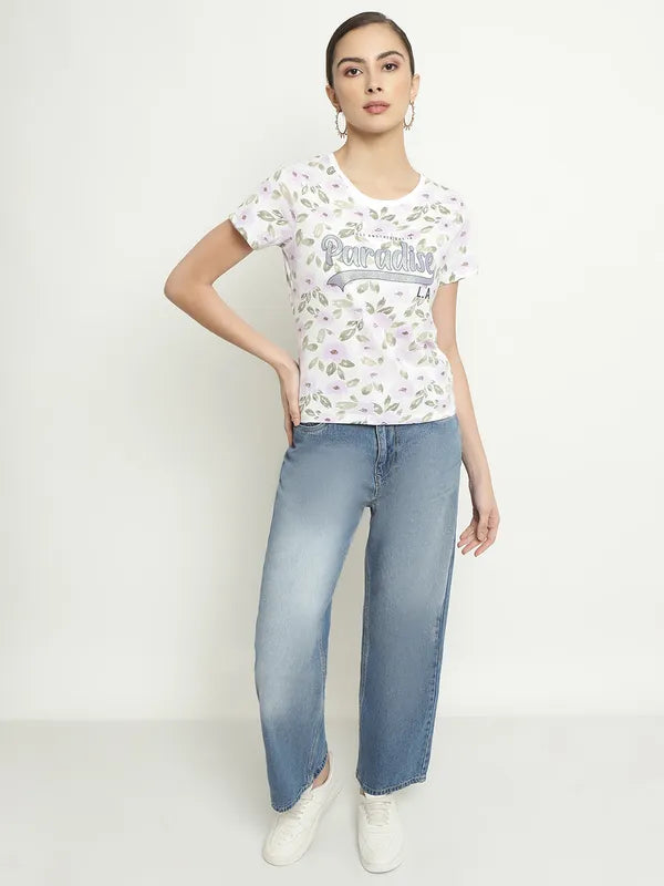 Mettle Floral Printed Round Neck Cotton T-Shirt