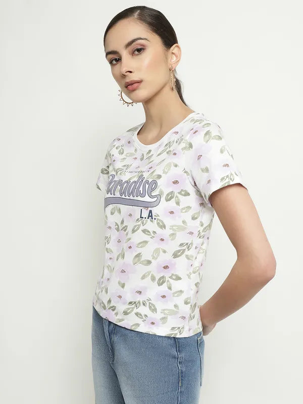 Mettle Floral Printed Round Neck Cotton T-Shirt