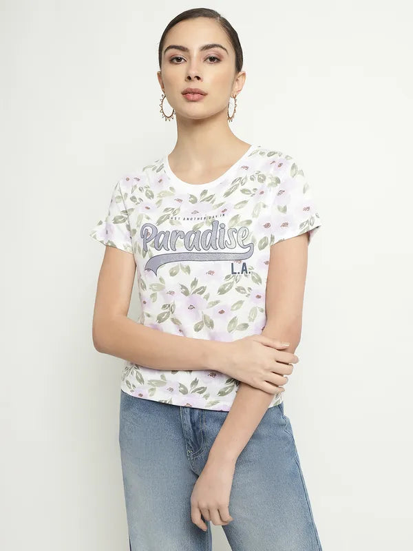 Mettle Floral Printed Round Neck Cotton T-Shirt