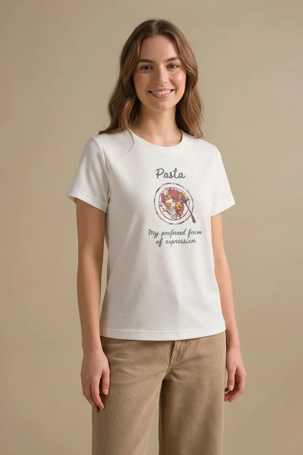 Women Off White Typography Printed T-shirt
