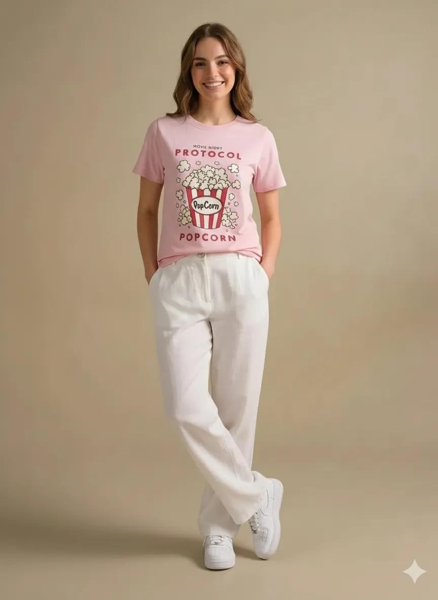 Women Barely Pink Printed Round Neck T-Shirt