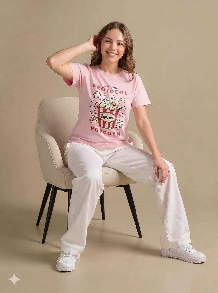 Women Barely Pink Printed Round Neck T-Shirt