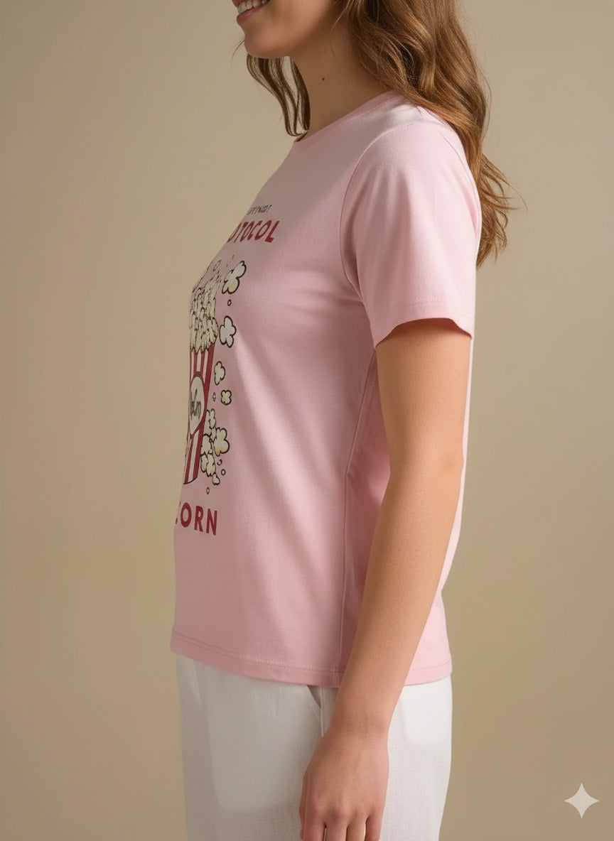 Women Barely Pink Printed Round Neck T-Shirt