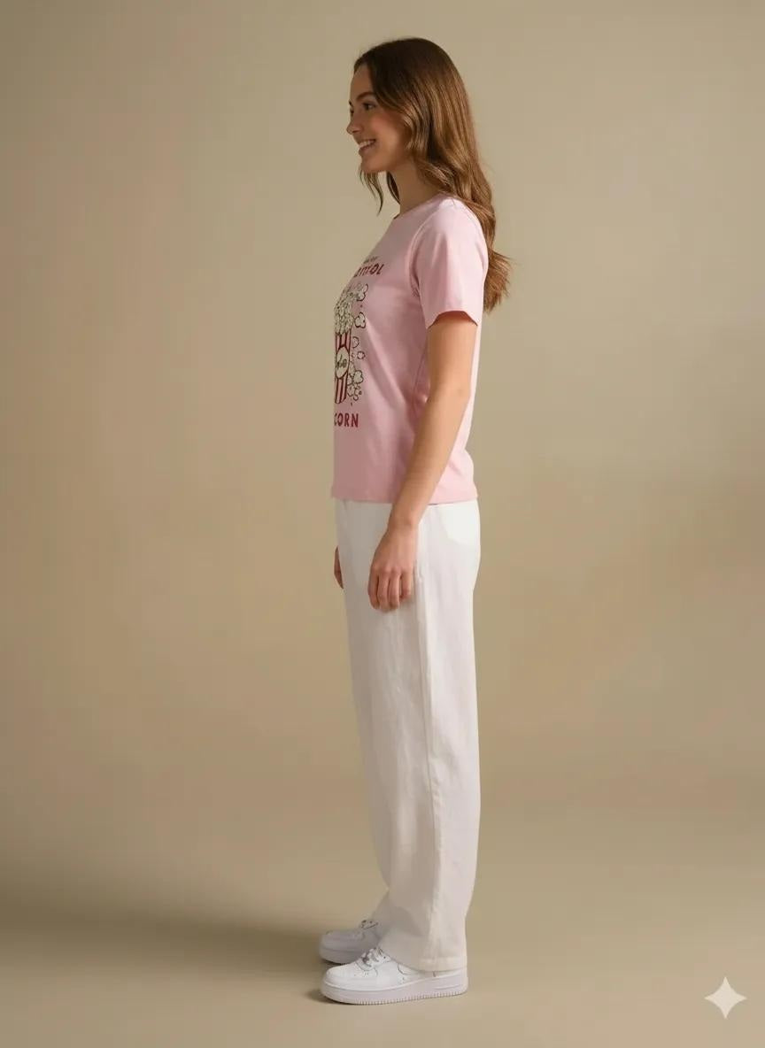 Women Barely Pink Printed Round Neck T-Shirt