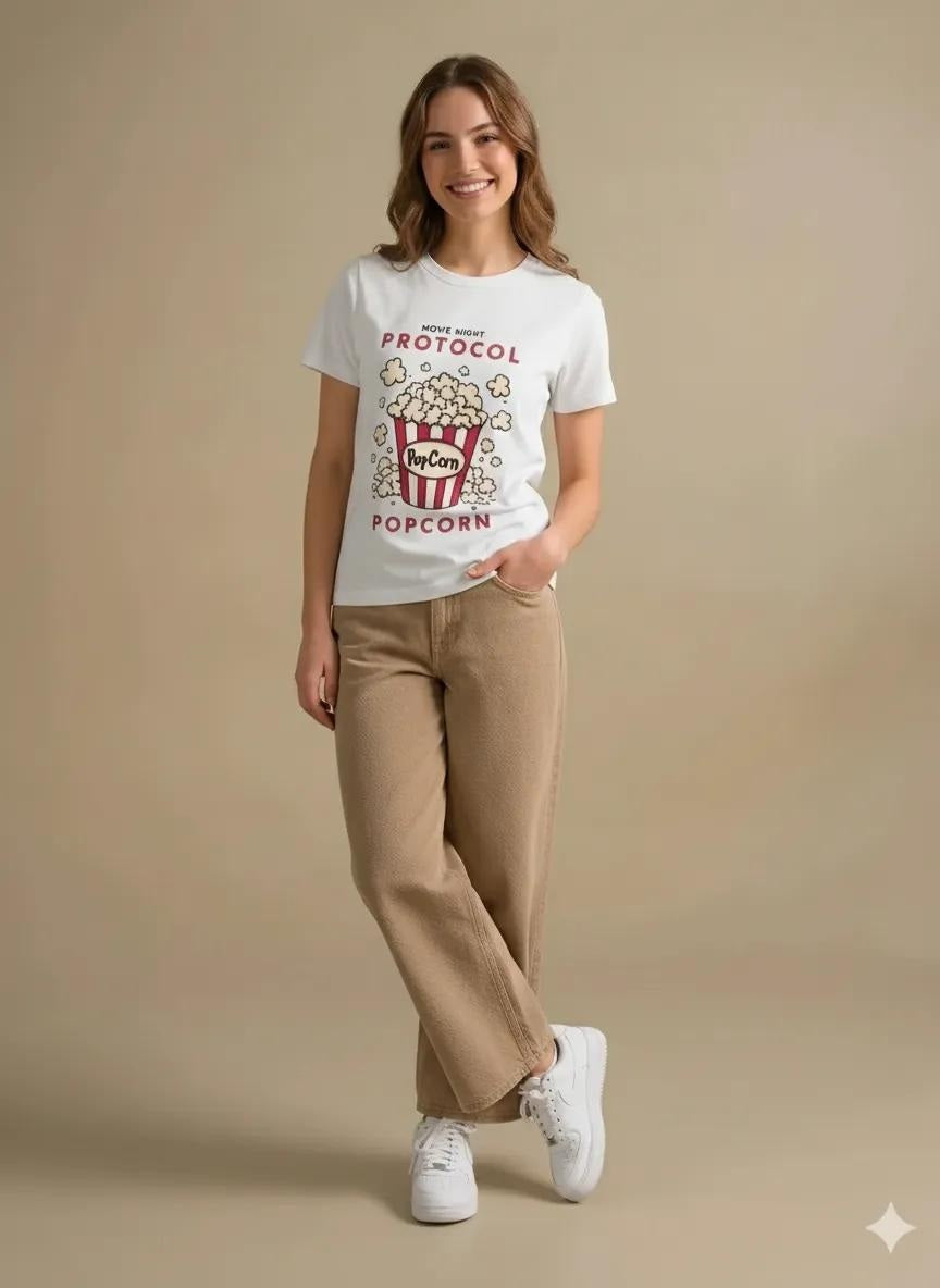 Women Off White Printed Round Neck T-Shirt