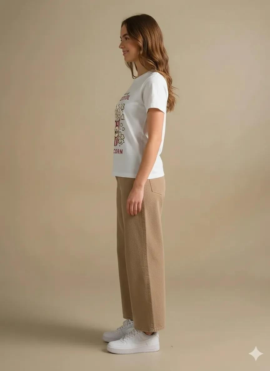 Women Off White Printed Round Neck T-Shirt