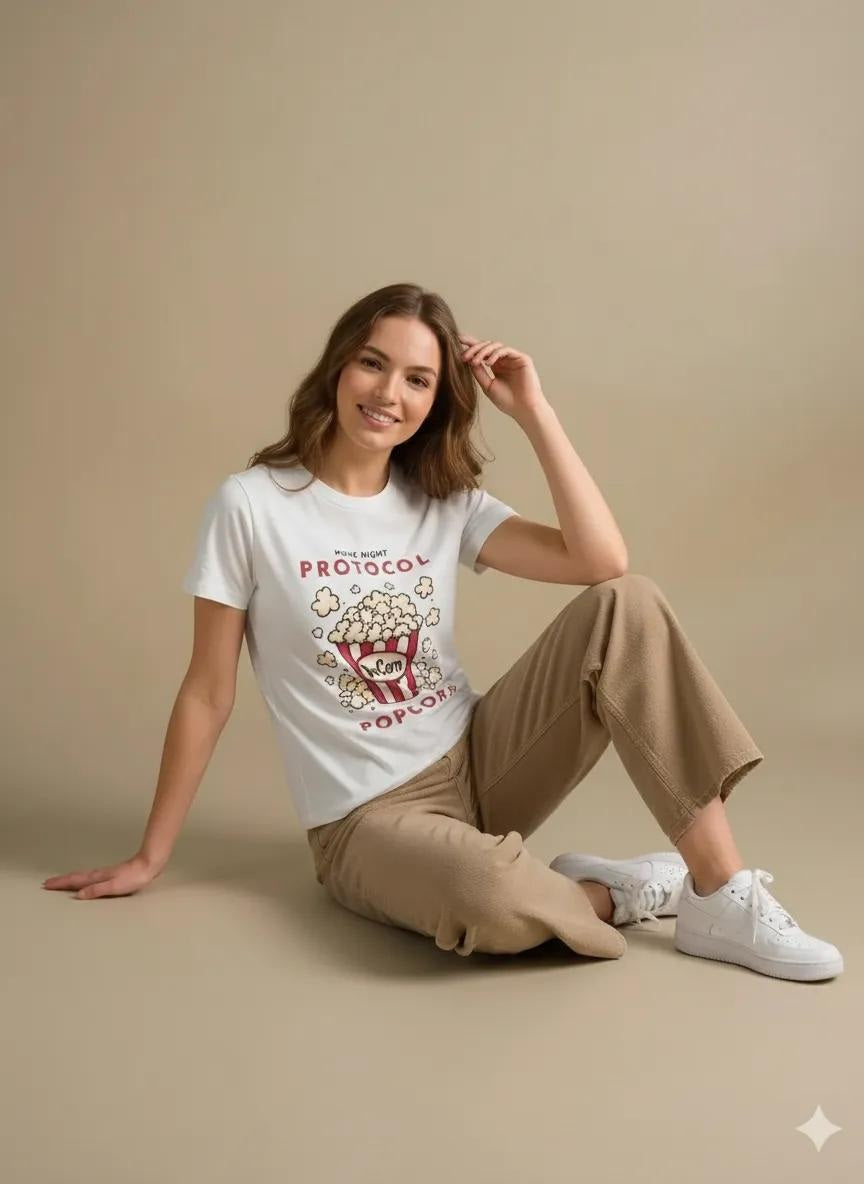 Women Off White Printed Round Neck T-Shirt