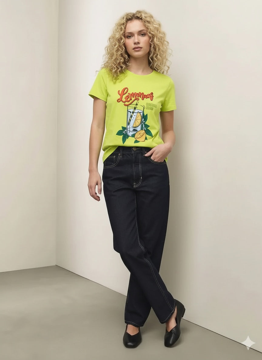 Women Lime Printed Round Neck T-Shirt
