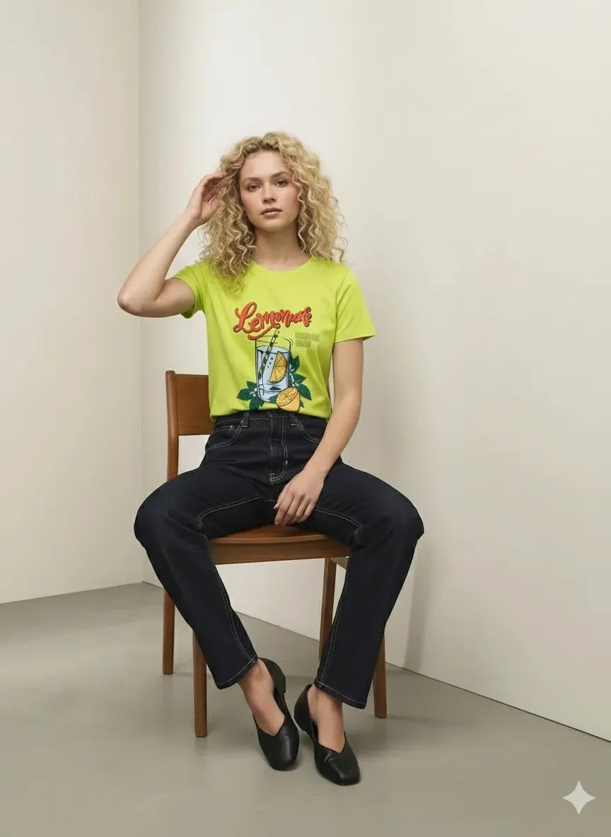 Women Lime Printed Round Neck T-Shirt