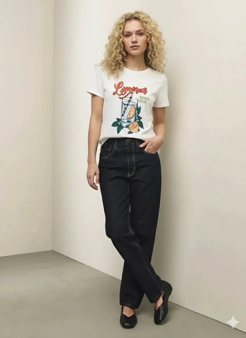 Women Off White Printed Round Neck T-Shirt