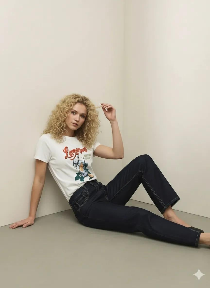 Women Off White Printed Round Neck T-Shirt