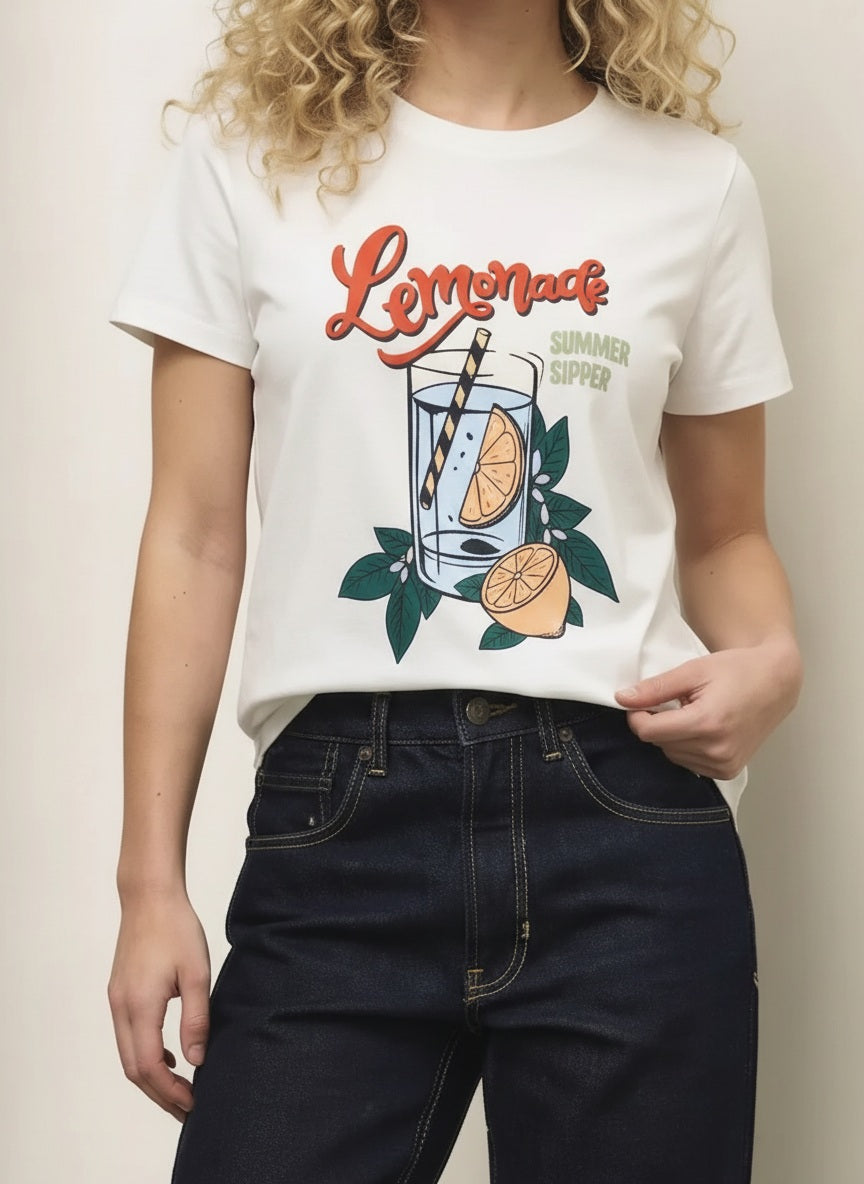 Women Off White Printed Round Neck T-Shirt