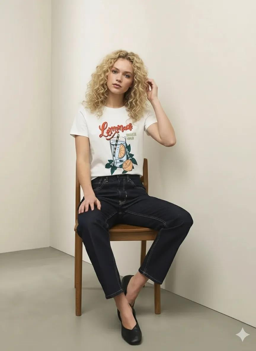 Women Off White Printed Round Neck T-Shirt