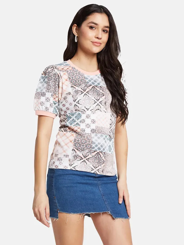 Mettle Women Conversational Printed Puff Sleeves T-Shirt