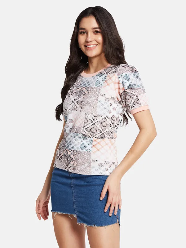 Mettle Women Conversational Printed Puff Sleeves T-Shirt