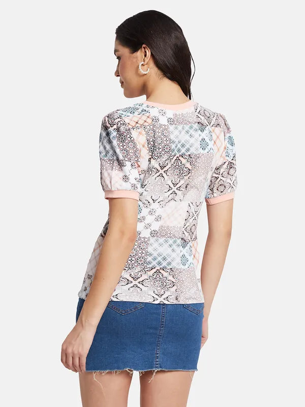 Mettle Women Conversational Printed Puff Sleeves T-Shirt