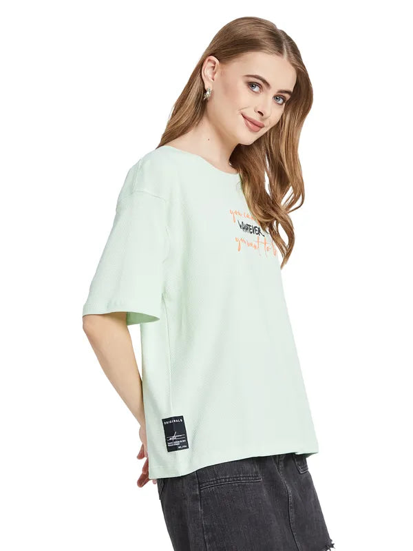 Mettle Women Typography Mandarin Collar Drop-Shoulder Sleeves T-Shirt