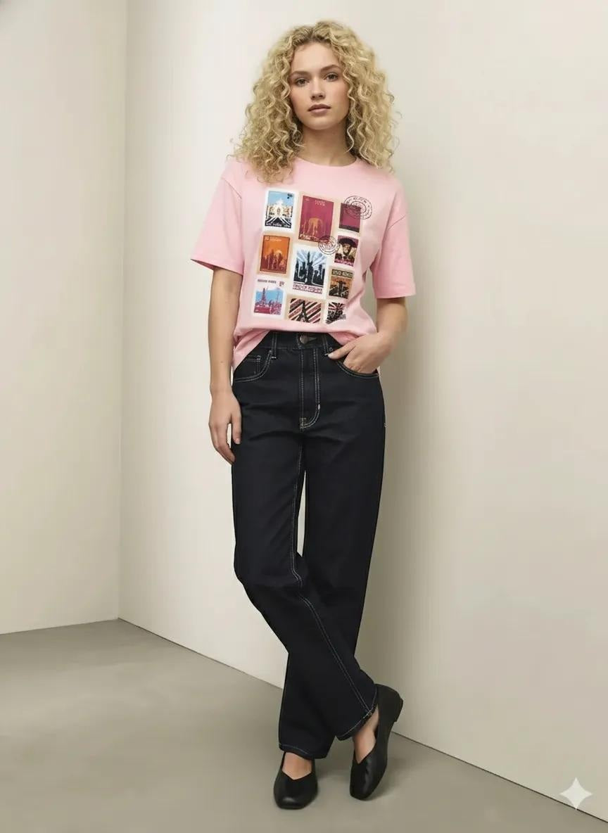 Women Barely Pink Printed Round Neck T-Shirt