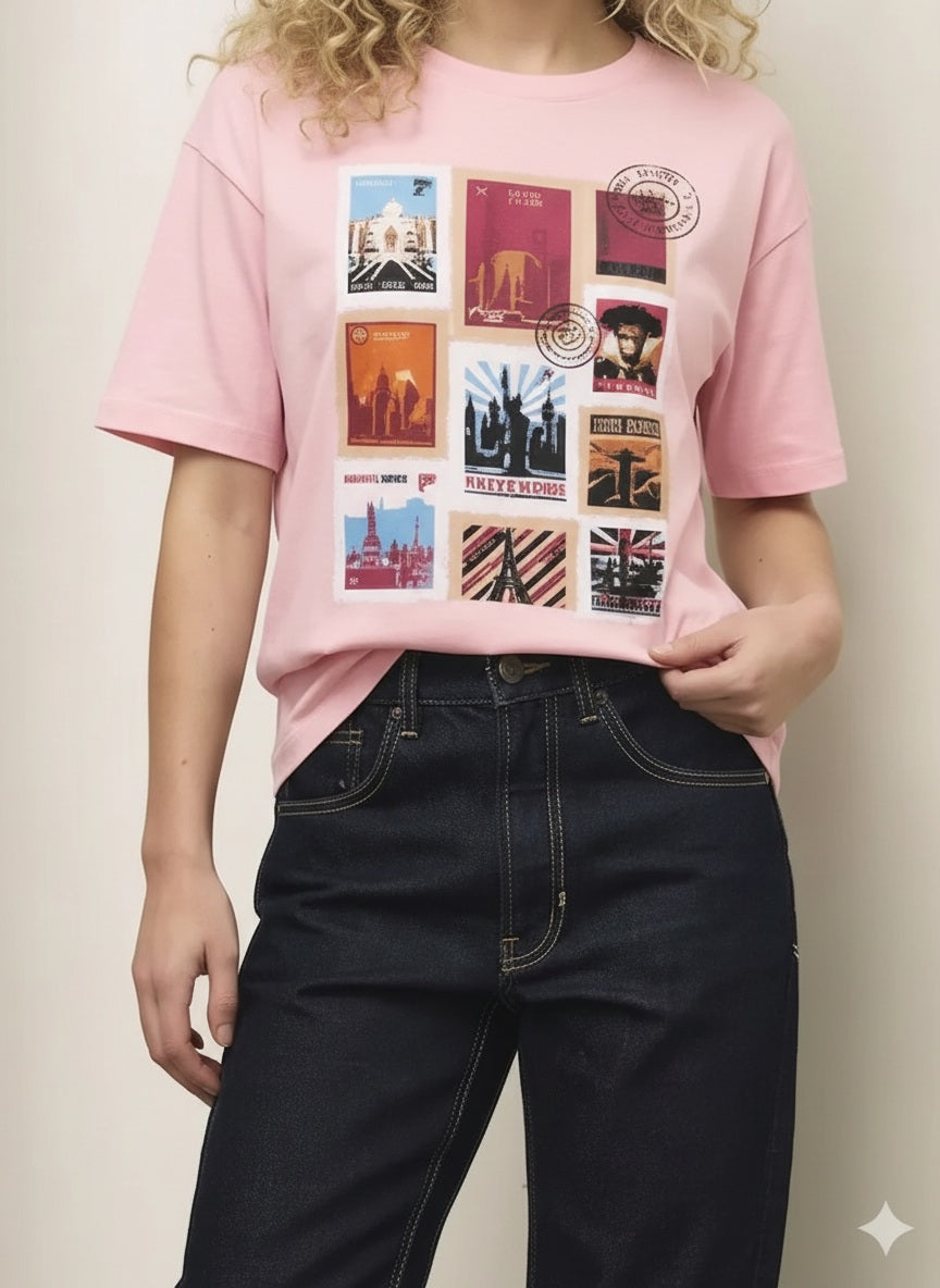 Women Barely Pink Printed Round Neck T-Shirt
