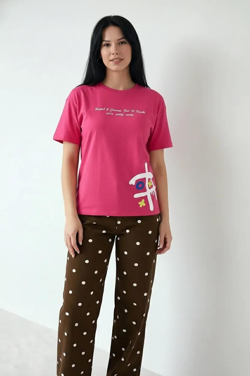 Women Hot Pink Printed Round Neck T-Shirt