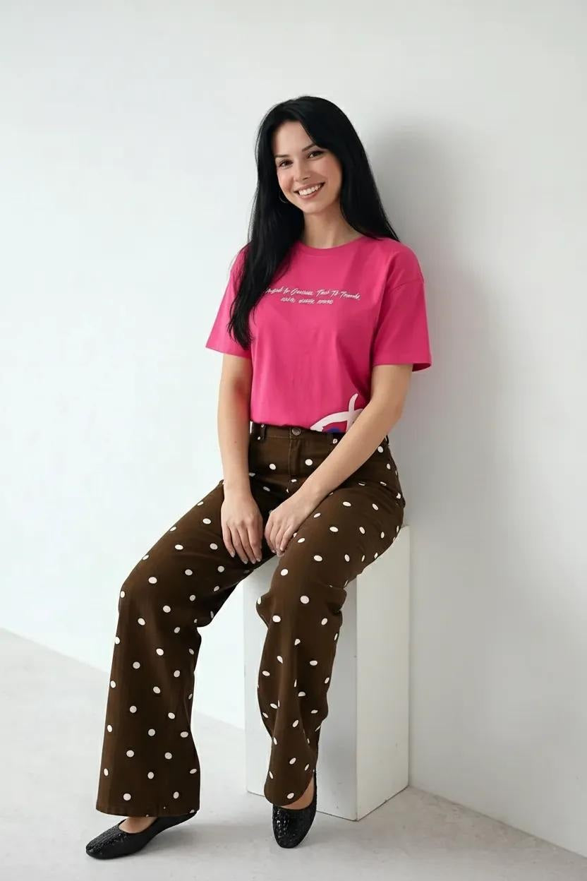 Women Hot Pink Printed Round Neck T-Shirt
