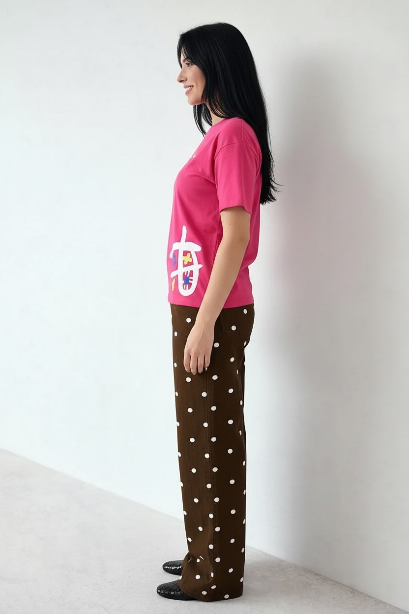 Women Hot Pink Printed Round Neck T-Shirt