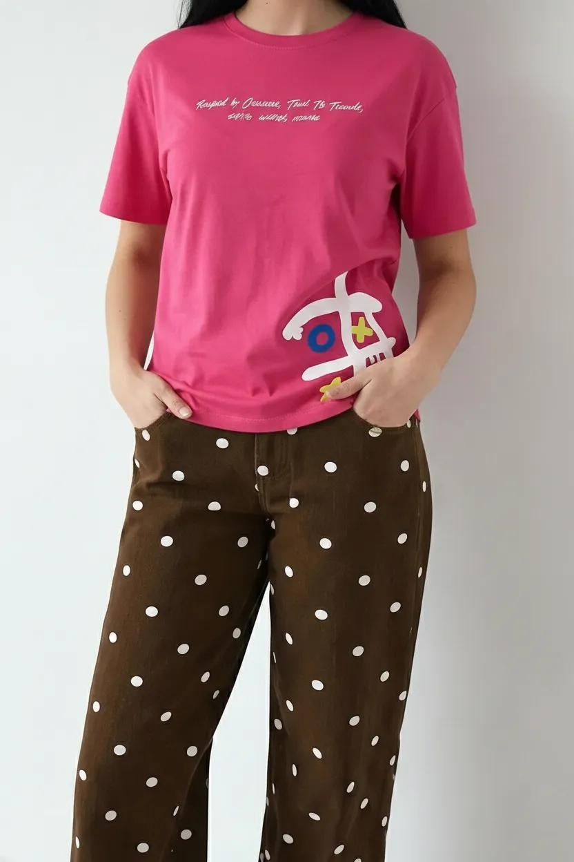 Women Hot Pink Printed Round Neck T-Shirt