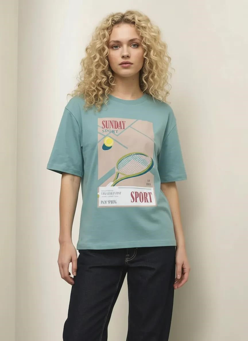 Women Light Teal Printed T-shirt
