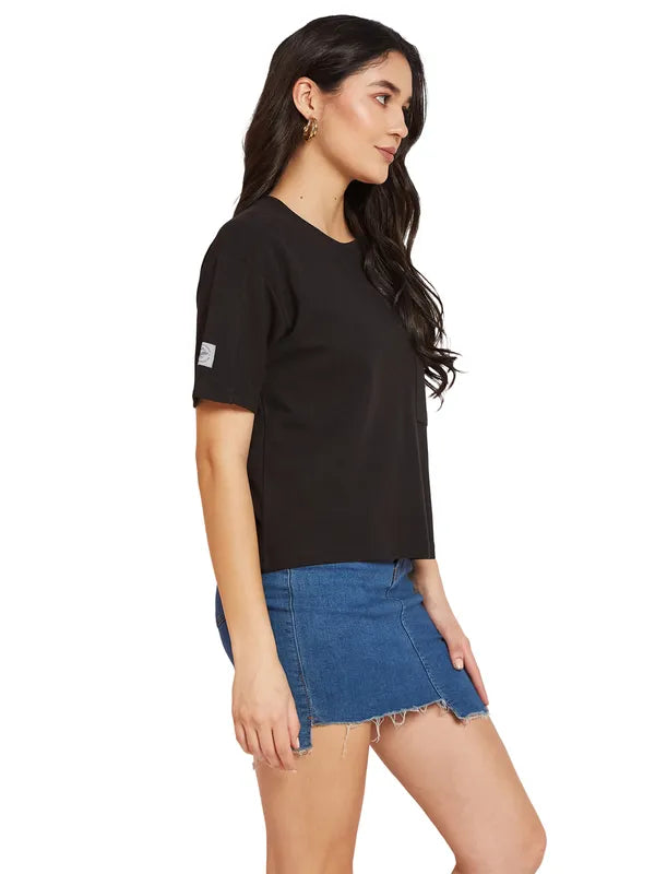 Mettle Women Round Neck Solid Pockets T-Shirt