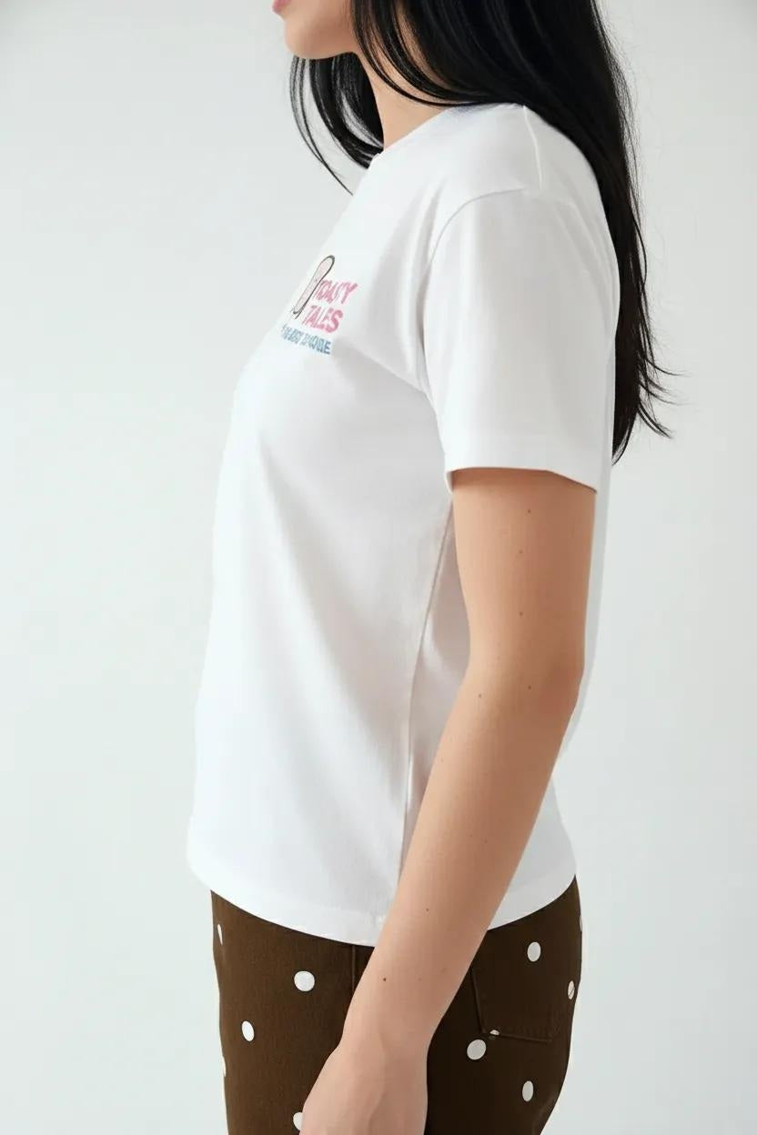 Women Off White Printed Round Neck T-Shirt