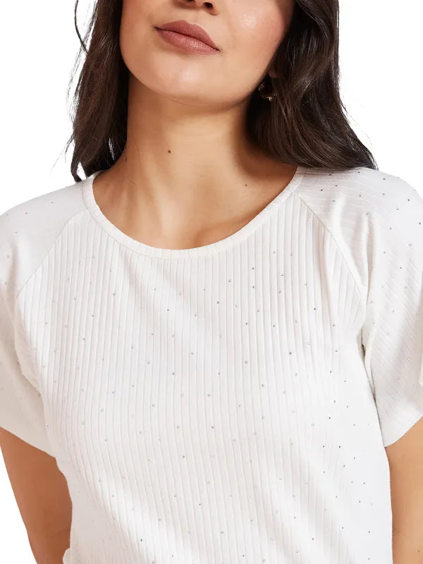 Mettle Women Round Neck Embellished T-Shirt