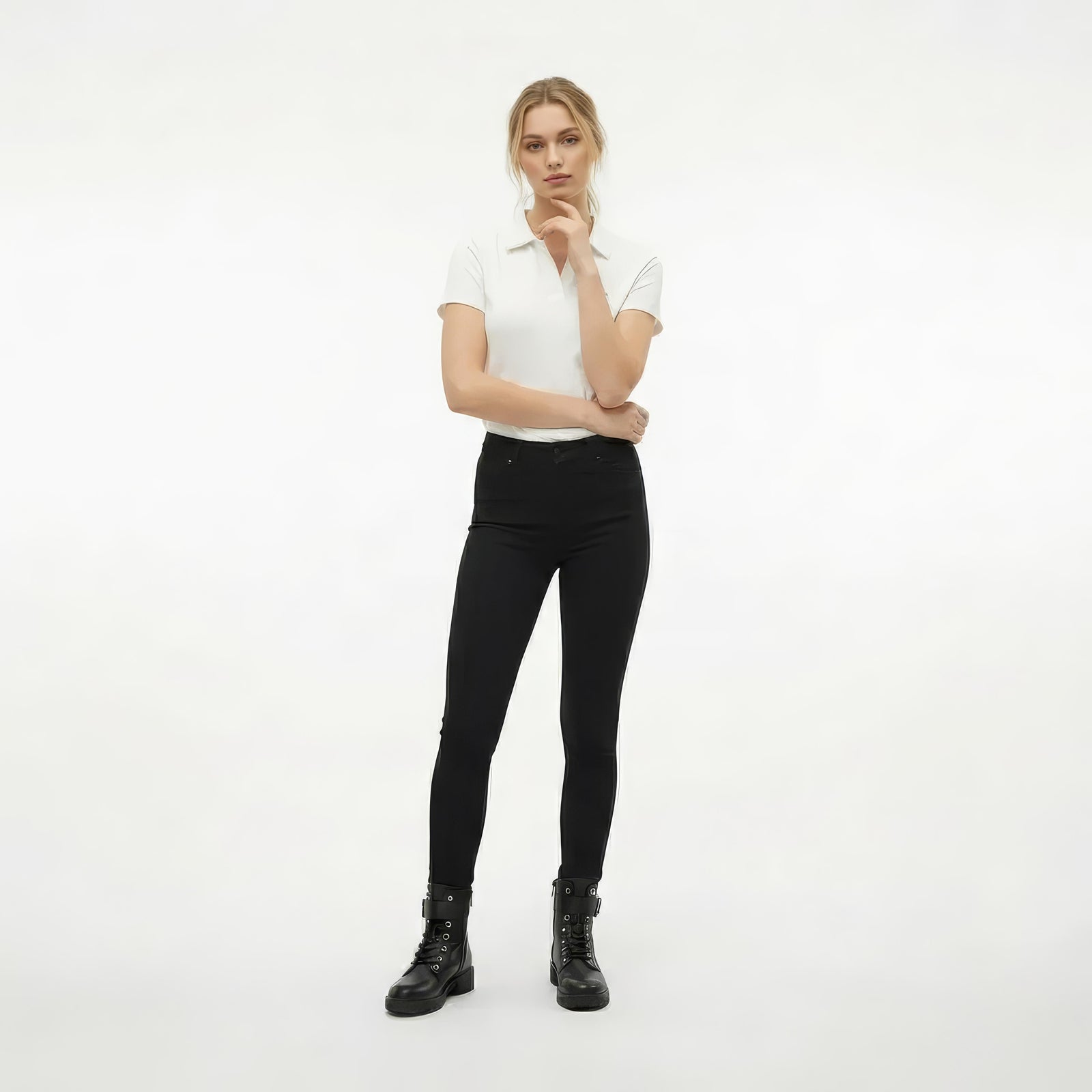 Women Off White Solid Polo Neck T-Shirt
