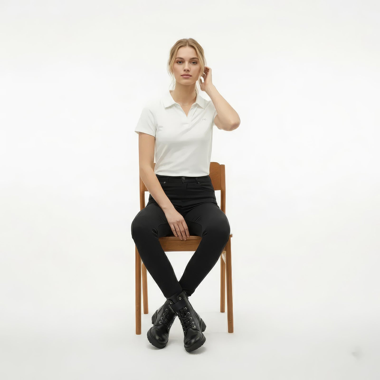 Women Off White Solid Polo Neck T-Shirt
