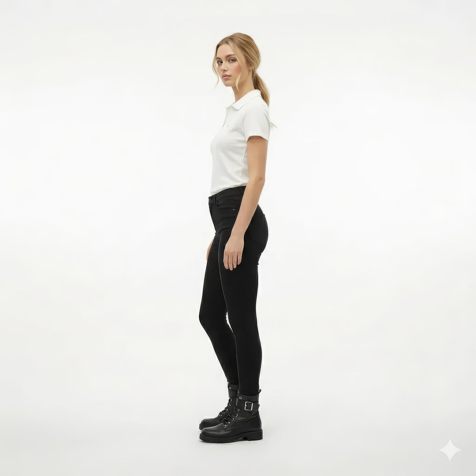Women Off White Solid Polo Neck T-Shirt