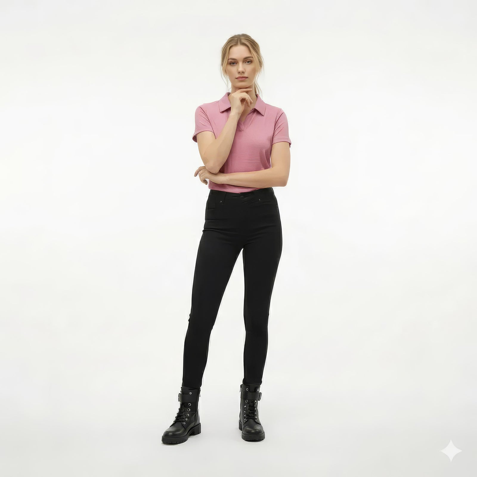 Women Rose Solid Polo Neck T-Shirt