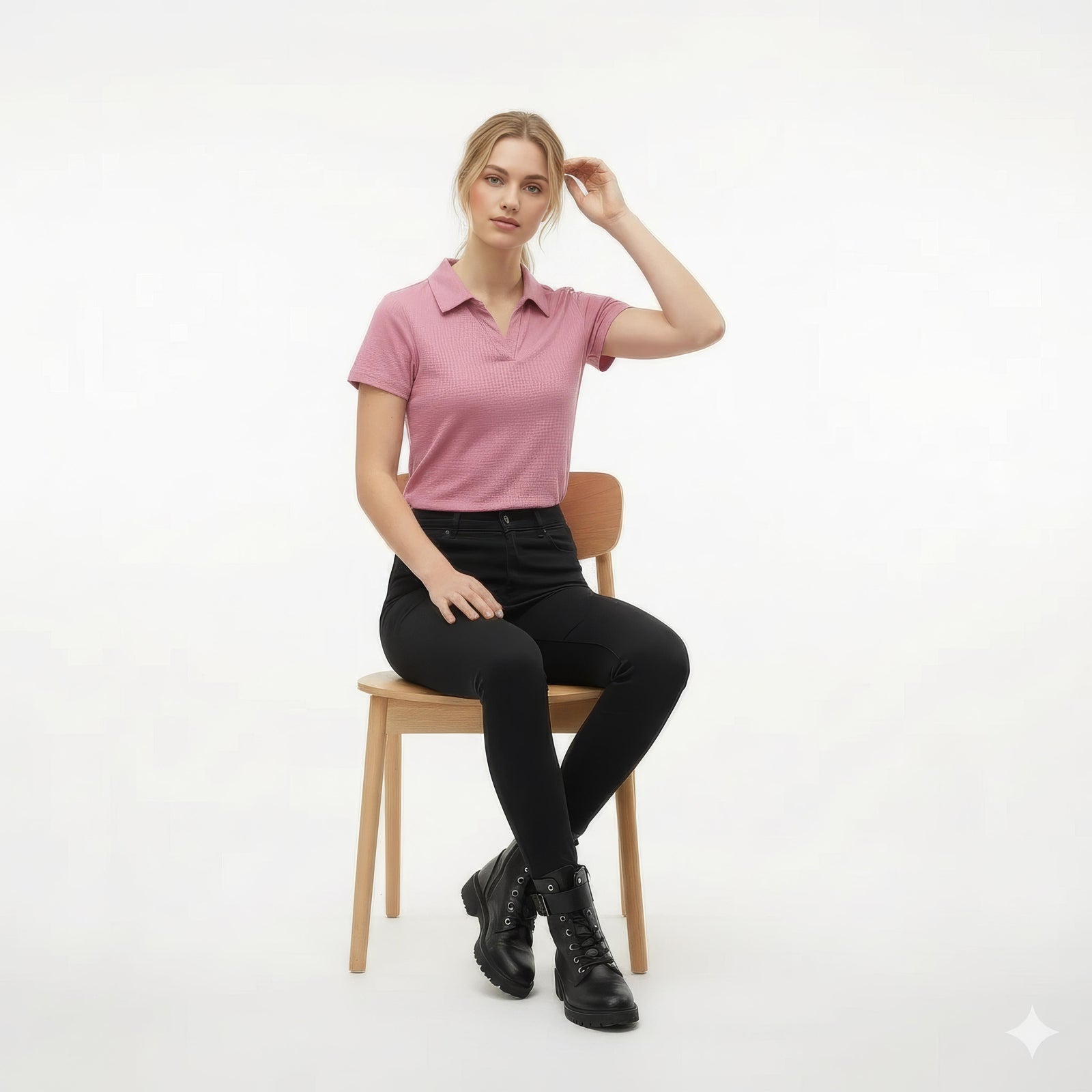 Women Rose Solid Polo Neck T-Shirt