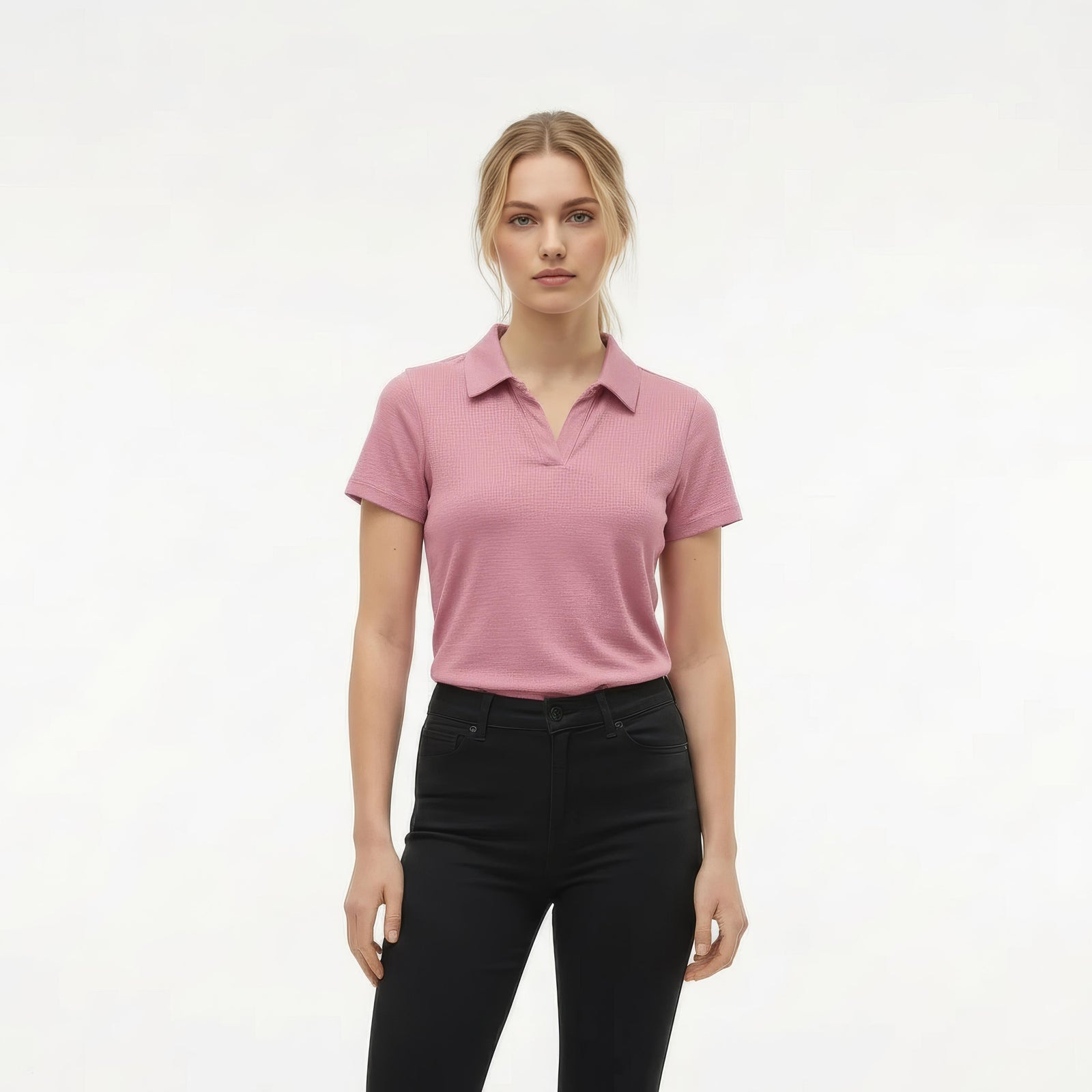 Women Rose Solid Polo Neck T-Shirt