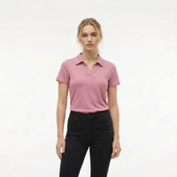 Women Rose Solid Polo Neck T-Shirt
